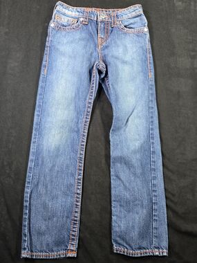 True Religion Blue Straight-Leg Jeans with Orange Contrast Stitching